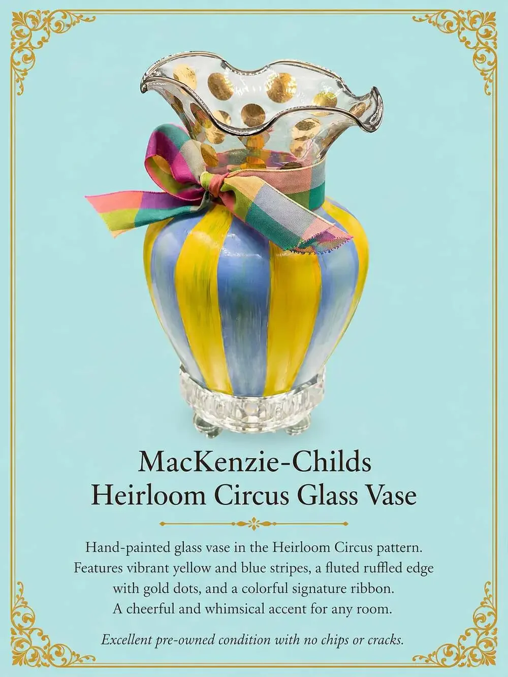 Mackenzie -Childs Heirloom Circus Hand-Painted Fluted Glass Vase with Striped P